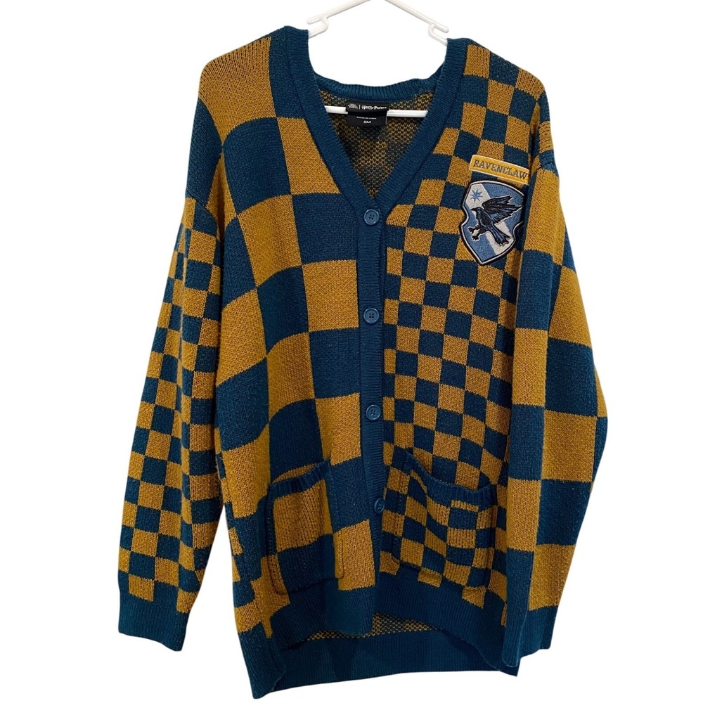 Harry Potter Ravenclaw Cardigan Blue Gold Checkered Knit Sweater Womens Small